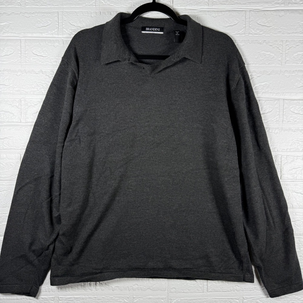 Brandini Knit Polo Mens XL Charcoal Gray Long Sleeve Pullover Sweater